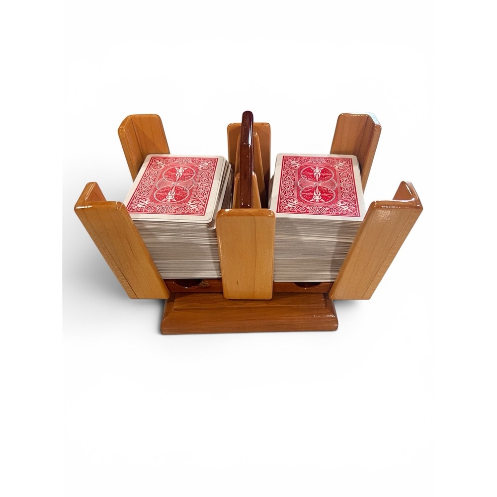 Vintage Wooden Rotating Playing Card Holder Swivel Caddy Two Deck‎ Capacity